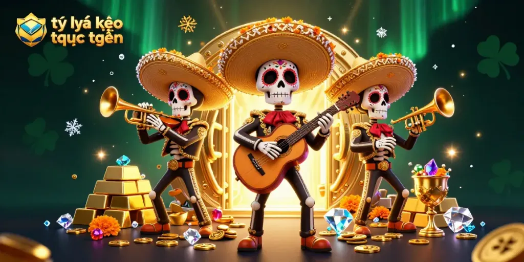Engage with tỷ lệ kèo trực tuyến in this vibrant illustration featuring a mariachi band and treasures.