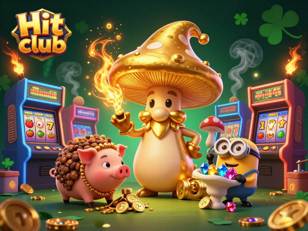 Engage with the Hit club scene featuring a golden mushroom wizard and gaming elements, showcasing vibrant casino energy.