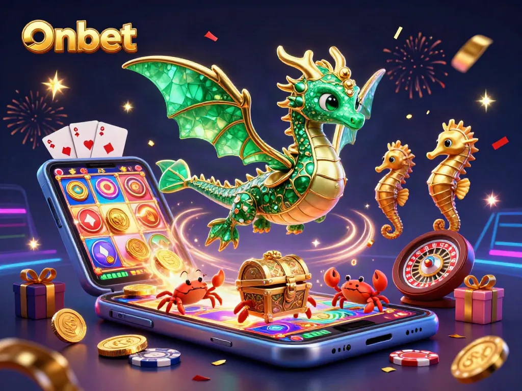 Engage with Onbet's vibrant casino world featuring a colorful sea dragon, dynamic game elements, and treasures.
