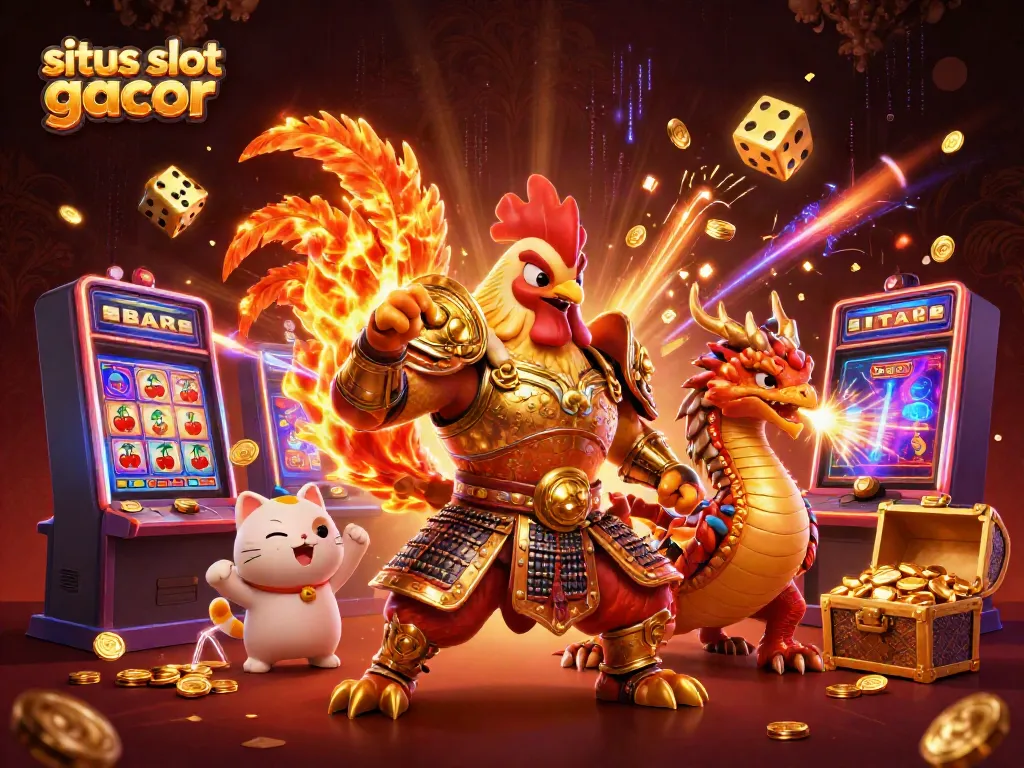 Experience situs slot gacor with an epic 3D scene of a warrior rooster and dragons amidst vibrant gambling elements.