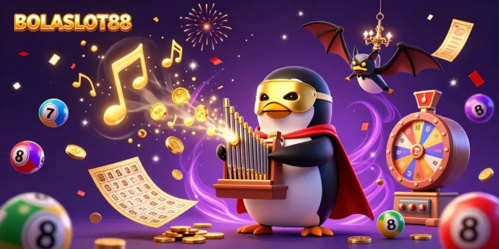 BOLASLOT88 showcases an exciting gambling scene with a phantom penguin, golden coins, and vibrant game elements.