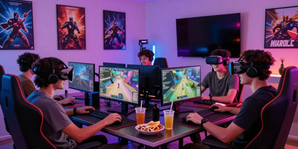 Exciting gaming scene with friends enjoying akunjp online gaming session with VR gear and colorful LED lights.