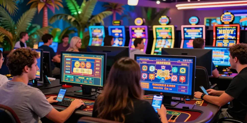Erlebnis im Verde Casino mit Spielern an ihren Geräten und bunten Spielautomaten im Hintergrund.
