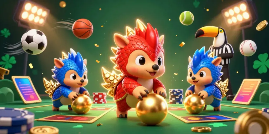 Animated pangolins compete in a vibrant casino scene celebrating llwin's exciting games.