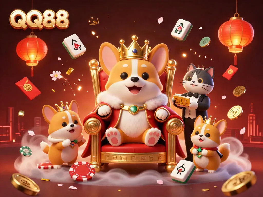 Experience thrilling wins with QQ88, featuring a royal corgi amidst lavish gaming elements.