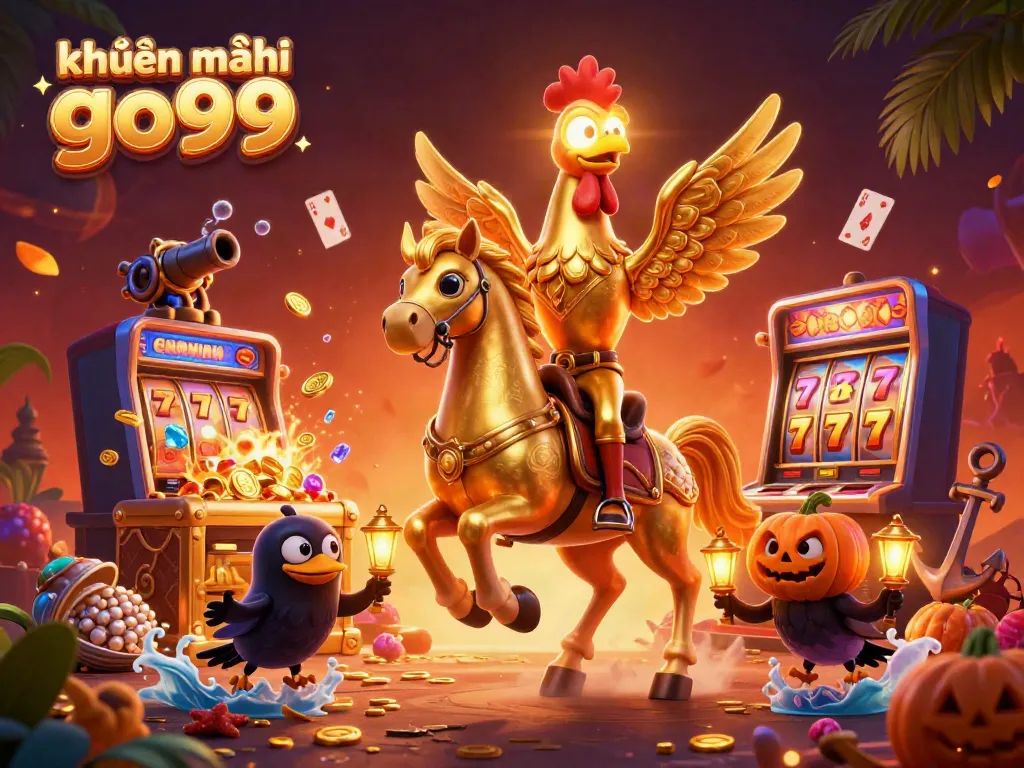 Engage with khuyến mãi go99 through a vibrant 3D digital casino illustration featuring a golden rooster and crow companions.