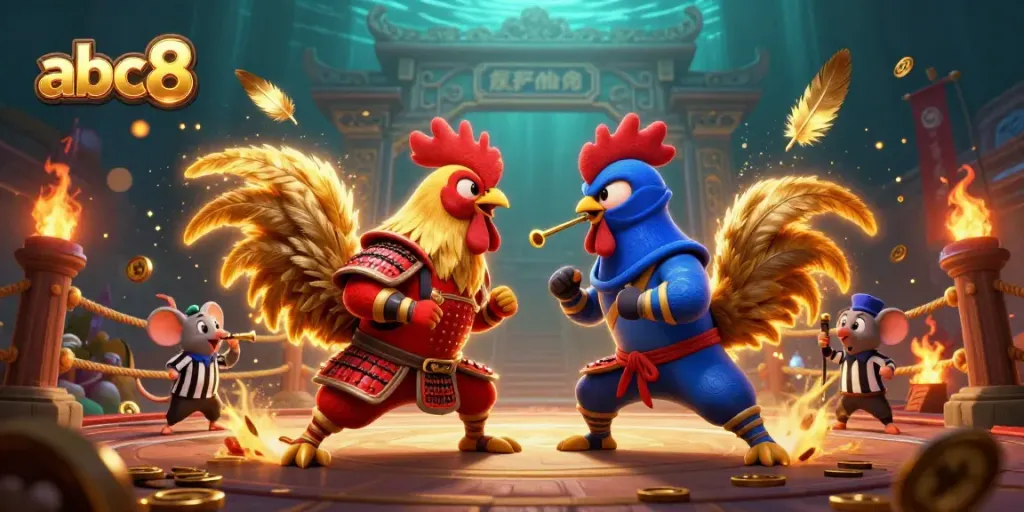 Experience thrilling battles at abc8 with 3D cartoon roosters in a captivating gaming arena.
