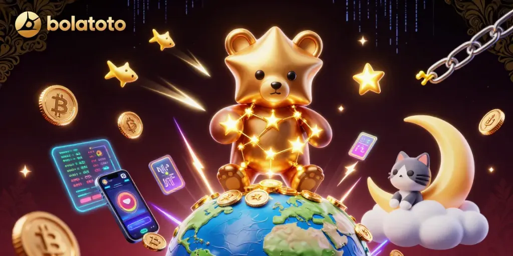 Join the bolatoto experience as a constellation bear scoops coins amid luminous crypto graphics.