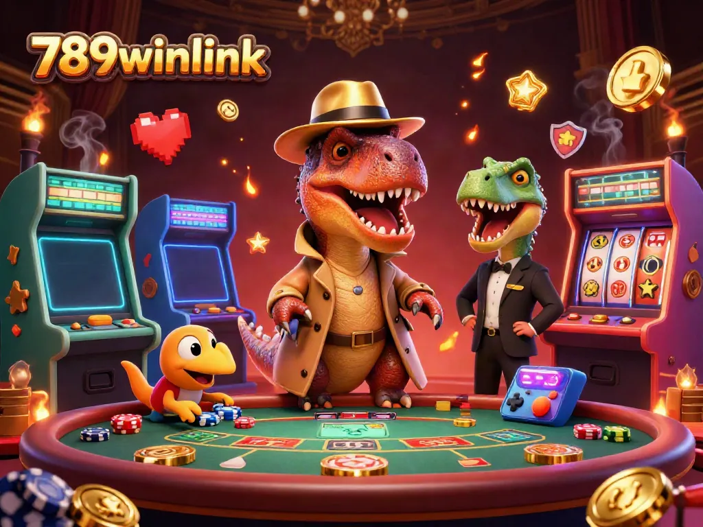 Engage with 789winlink by witnessing a velociraptor at the blackjack table while a stegosaurus watches over the lively casino scene.