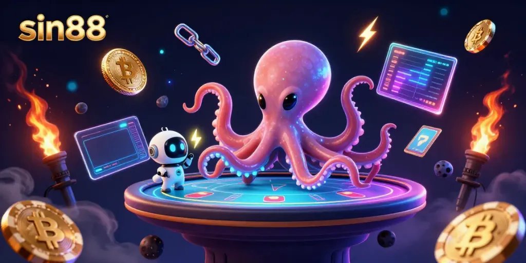 Play poker with the engaging SIN88 alien octopus, featuring glowing crypto elements and vibrant casino excitement.