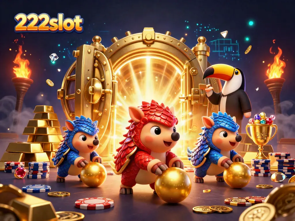 Gulir bola emas di antara chip poker, pangolin merah dan biru dalam ilustrasi 222slot