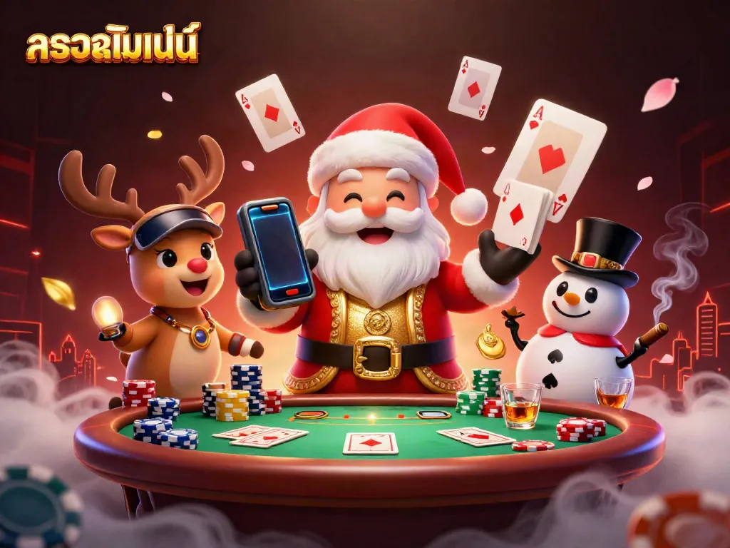 ซานต้าผู้ใจดีถือสมาร์ทโฟนเล่น หวยออนไลน์ พร้อมสโนว์แมนและกวางเรนเดียร์ในฉากคาสิโน