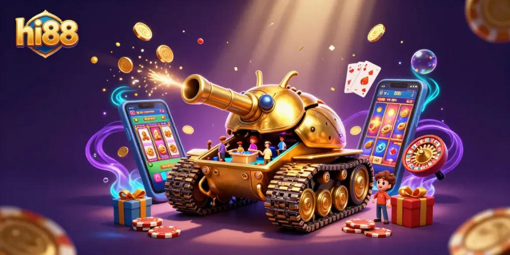 Engage in thrilling slots action at hi88 with vibrant digital illustration showcasing a casino-themed beetle tank.