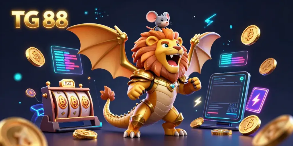 Experience the thrill of TG 88 with a triumphant chimera and crypto prizes in this vibrant casino scene.