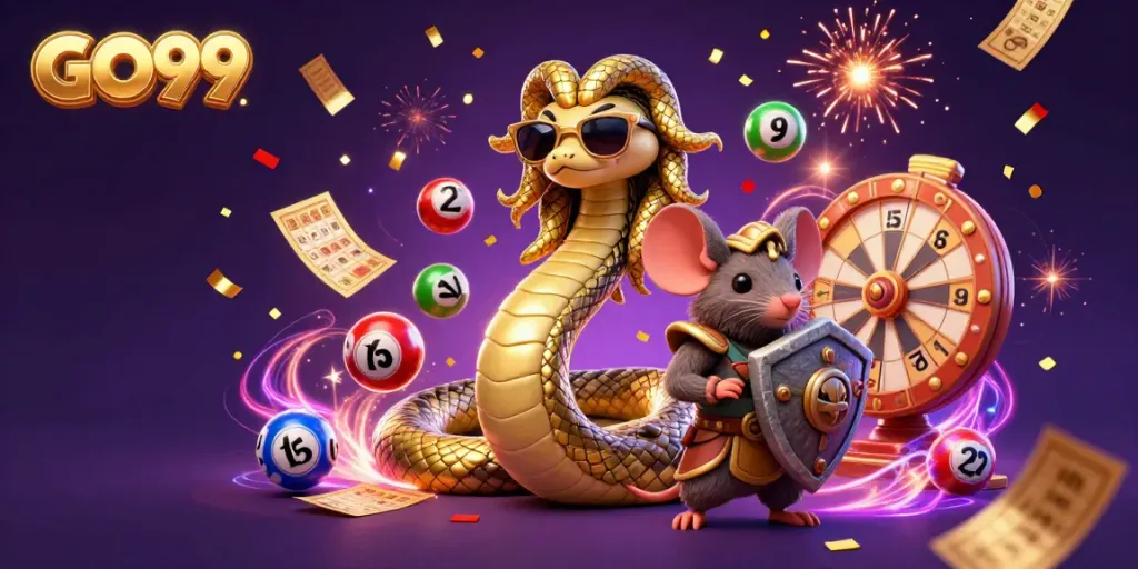 Engage with GO99's fun energy in this vibrant lottery scene filled with dynamic elements and characters.