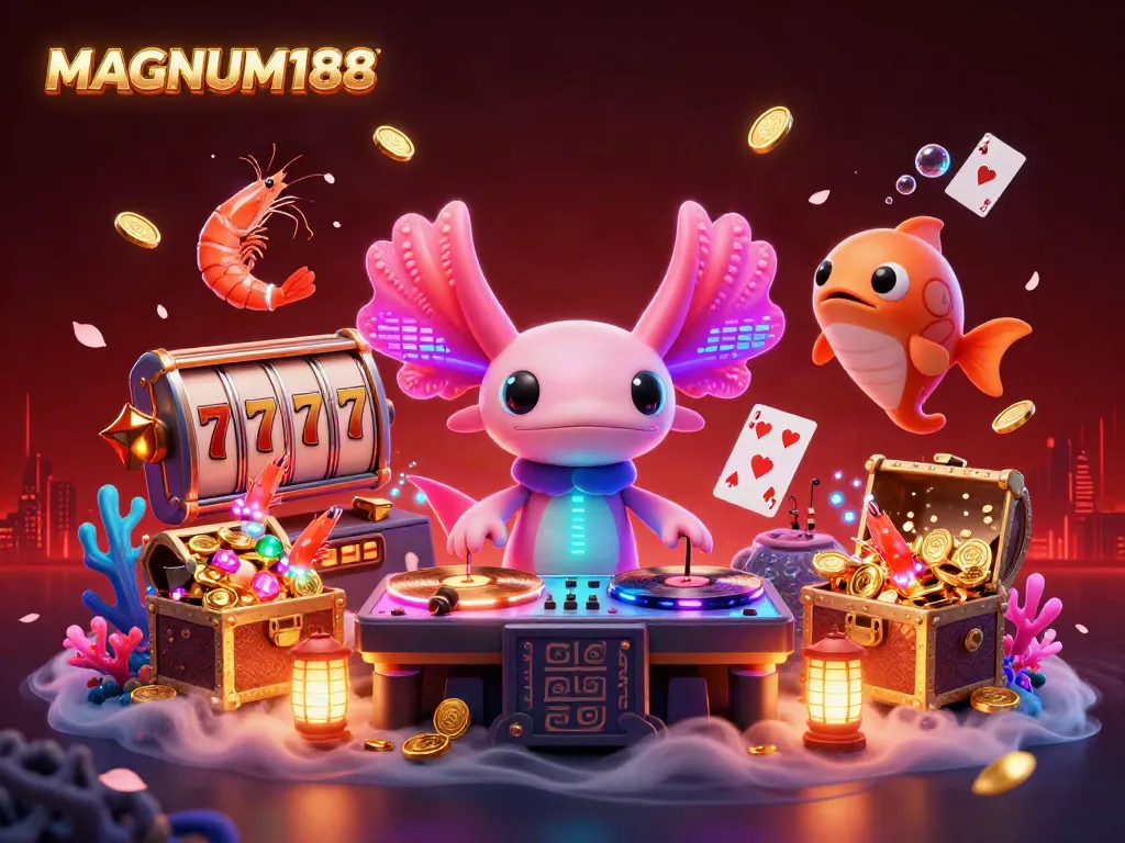 Experience the excitement with MAGNUM188's vibrant 3D casino scene, highlighting slot games and underwater fun.