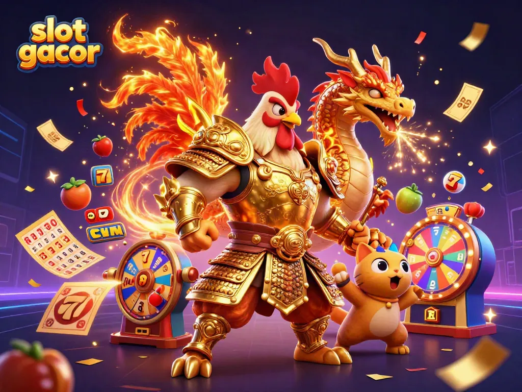 Experience slot gacor excitement as a fighting rooster and dragon celebrate wins surrounded by vibrant gambling elements.