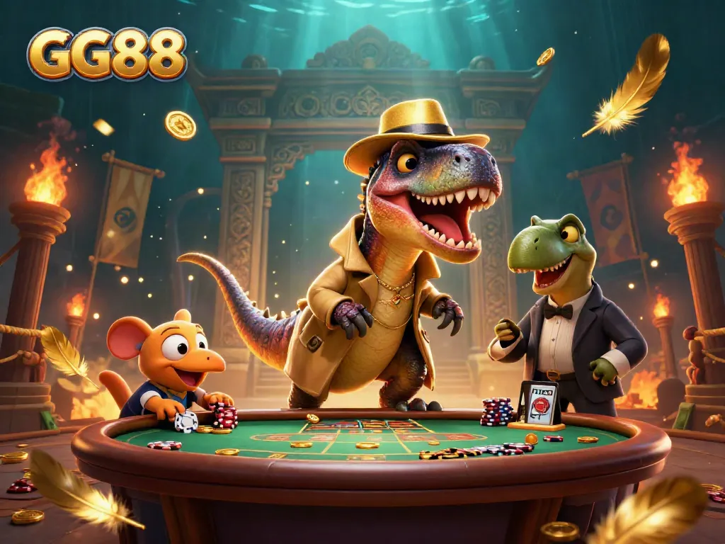 GG88 cartoon velociraptor and stegosaurus in a dynamic casino scene with poker elements.