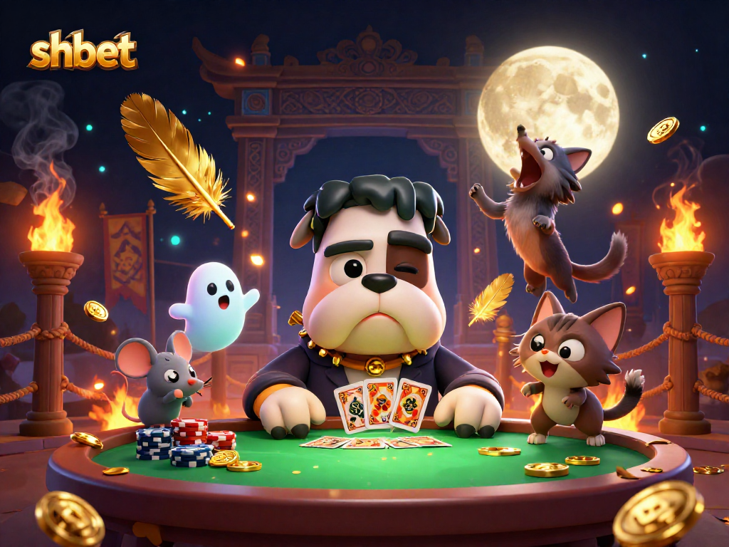 Engage with shbet's thrilling gambling scene featuring a whimsical bulldog dealer and ghostly elements.