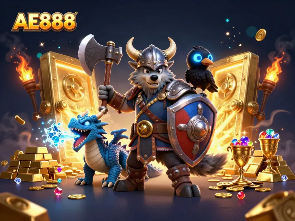 Engage in epic gaming adventures with AE888 in this illustrated scene of heroic characters and treasures.