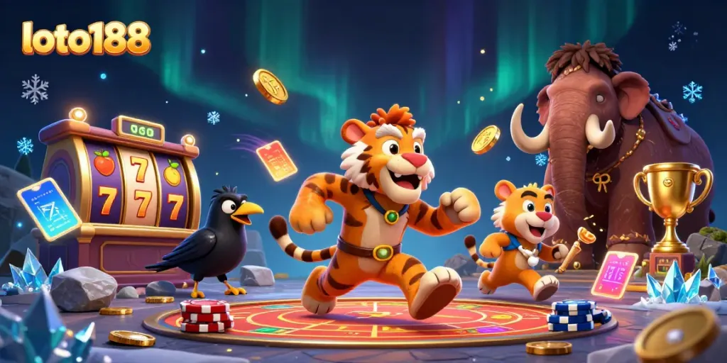 Experience the thrilling gaming dynamics at loto188 with 3D cartoon cavemen and sabertooth tigers in an engaging casino scene.
