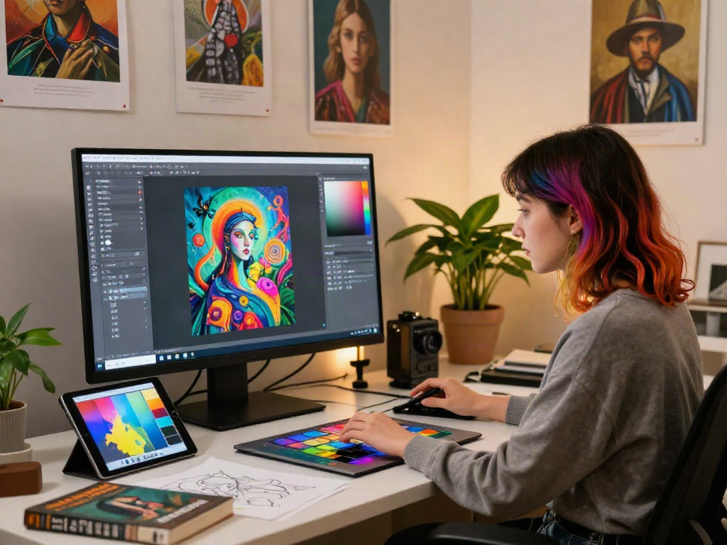 Create stunning visual artwork with a porn ai generator in a modern artist's studio.