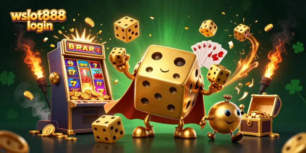 Permainan menarik di wslot888 login dengan gambar dadu emas dan mesin slot.