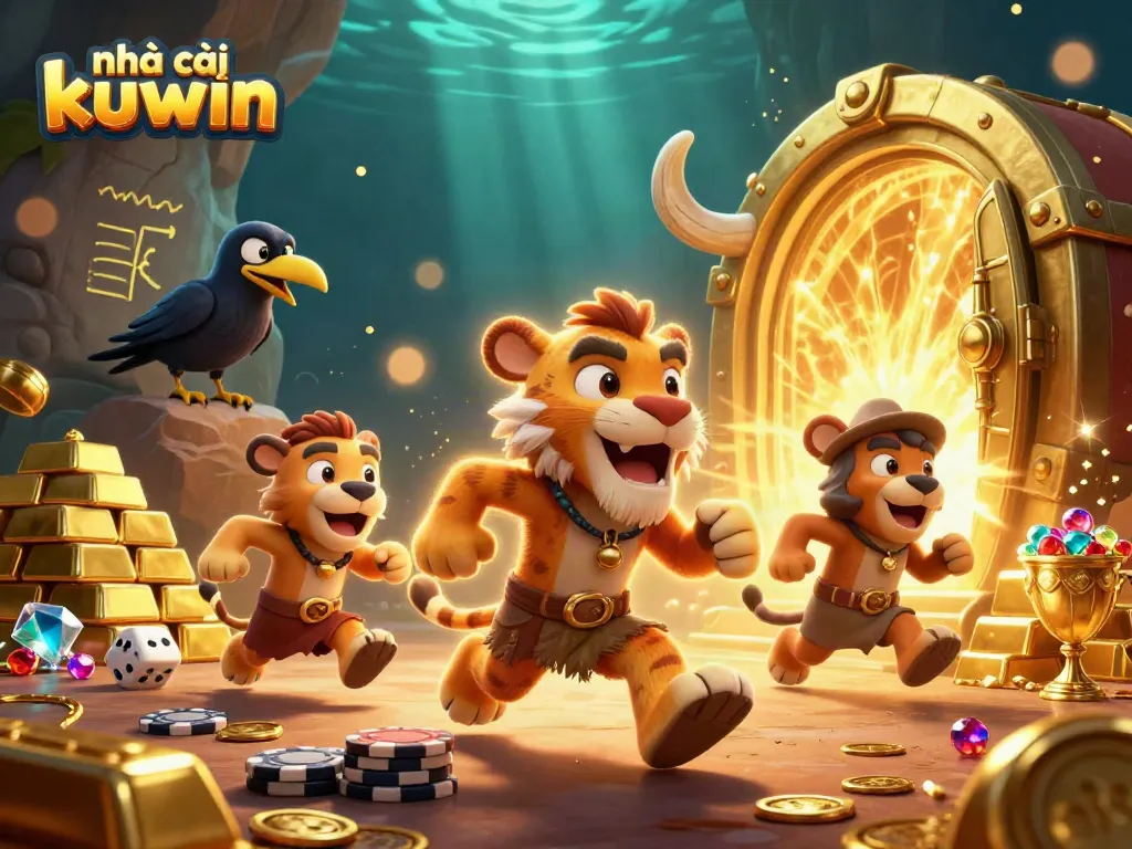 Engage with nhà cái kuwin in this vibrant 3D casino scene filled with treasures and games.