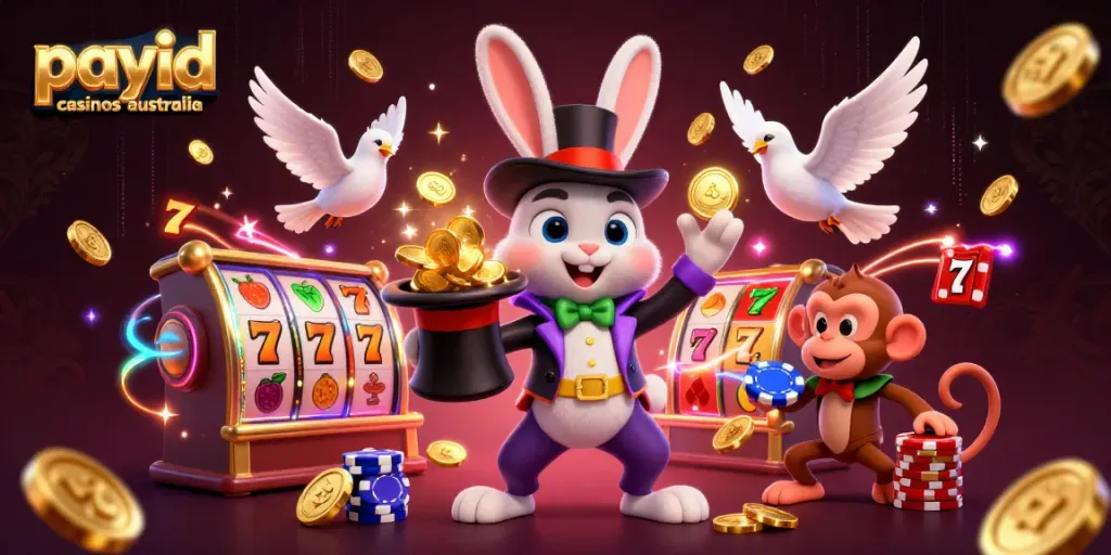 Exciting scene showcasing PayID casinos Australia with a magician pulling coins, a dove, and a monkey amidst casino elements.