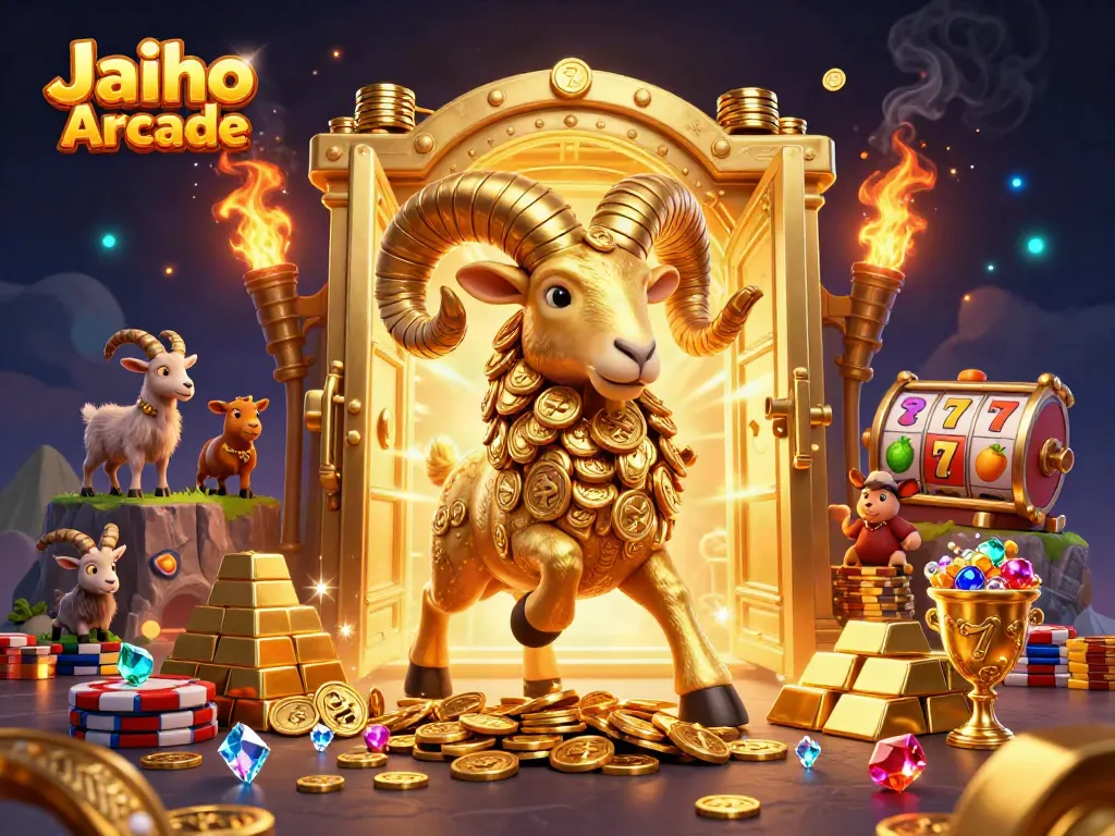 Engage in thrilling gameplay at Jaiho Arcade with animated golden ram, slot reels, and treasure-filled backgrounds.