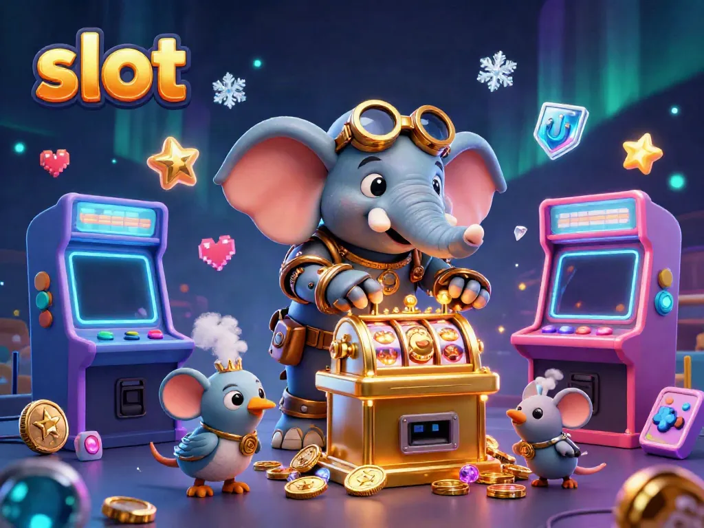 Engaging 3D steampunk slot scene showing colorful characters operating a vibrant slot machine.