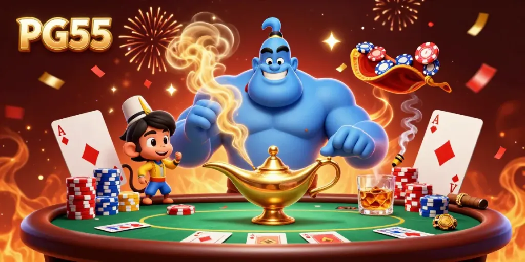 Experience the magical excitement of PG55 casino games with a vibrant scene featuring a whimsical genie, poker elements, and celebratory fireworks.