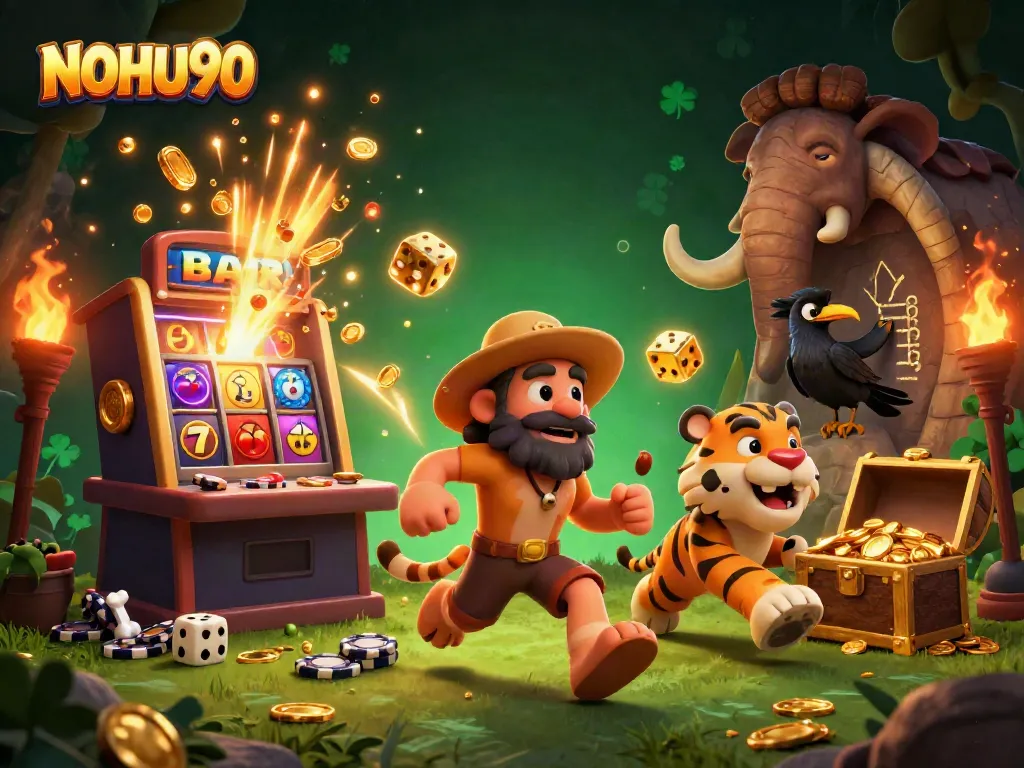 Experience exciting gameplay at NOHU90 with a vibrant prehistoric casino scene featuring unique characters.
