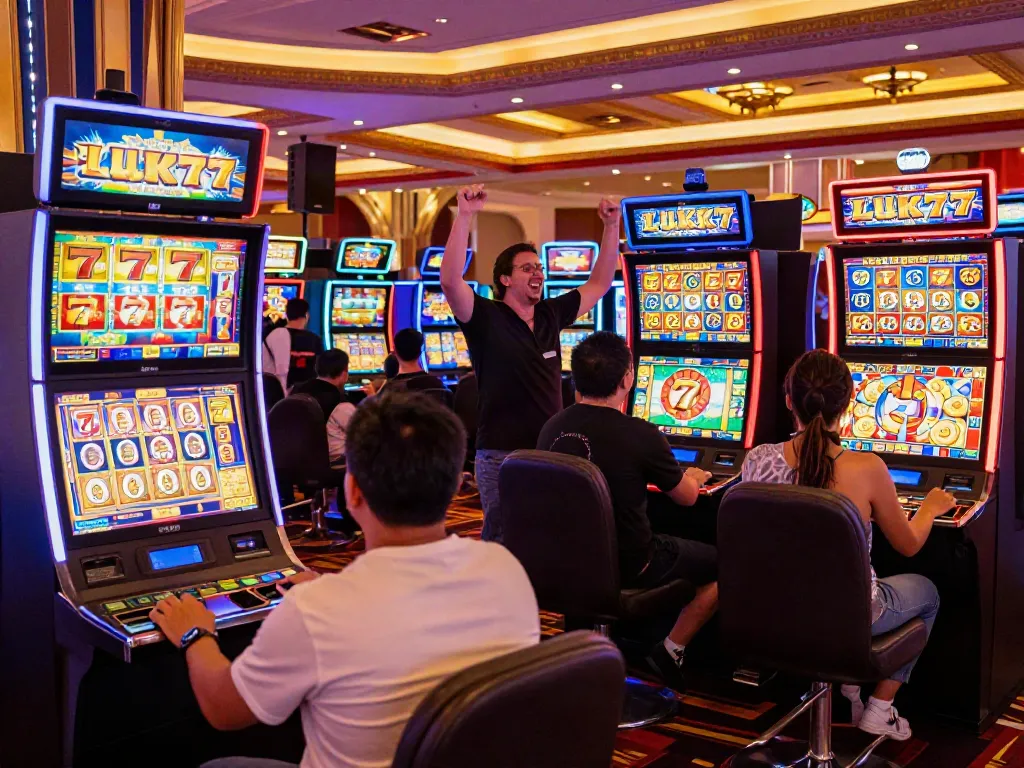 Exciting casino gaming scene with players celebrating Lucky777 victories amid colorful slot machines