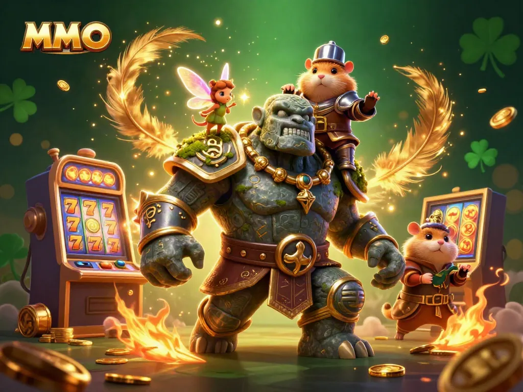 Engage with the thrilling MMOO gaming experience featuring a mystical stone golem with magical companions.