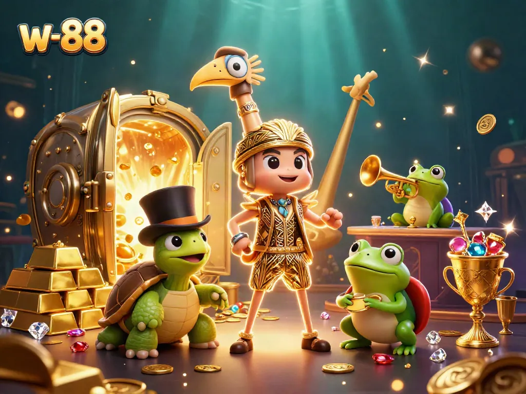 Experience thrilling gameplay at w-88 with dynamic cartoon characters amidst vibrant casino elements.