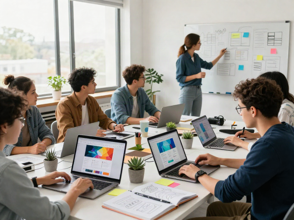 Collaboration at Sanumwebdesign: diverse team strategizing web design projects in a modern office.