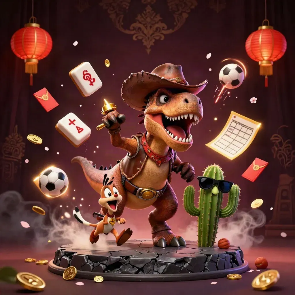 T-Rex cowboy, cactus sidekick, and roadrunner amid casino and sports-betting symbols