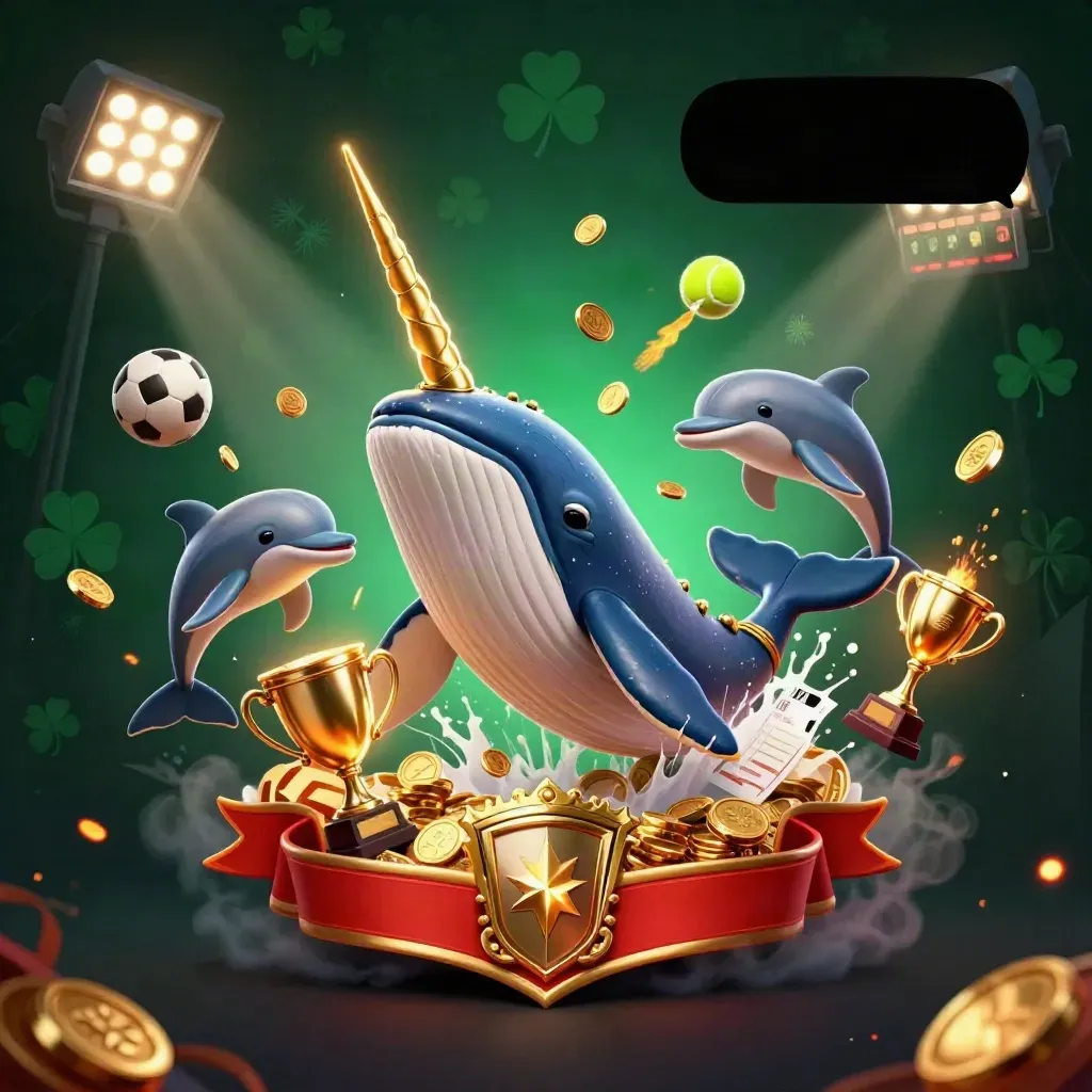 Whale captain, narwhal and dolphins burst through coins with sports balls, trophy and glowing scoreboard.