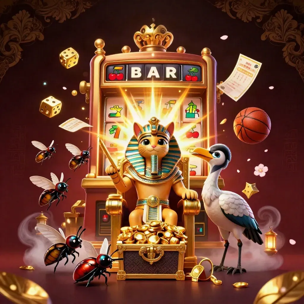 Pharaoh cat and ibis amid slot bursts, gold dice, balls, and scarabs in dark luxury light.