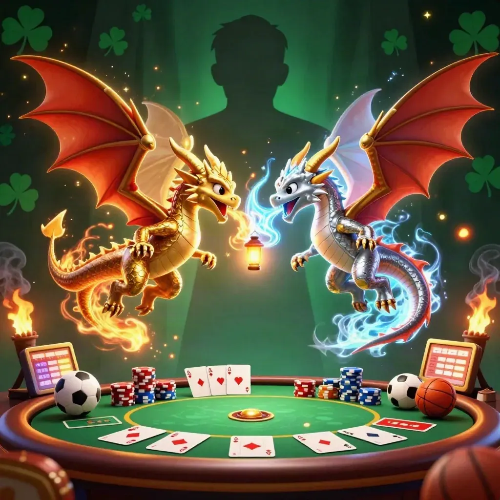 Gold and silver dragons spiral with casino chips, cards, and sports balls in a dark emerald arena glow.
