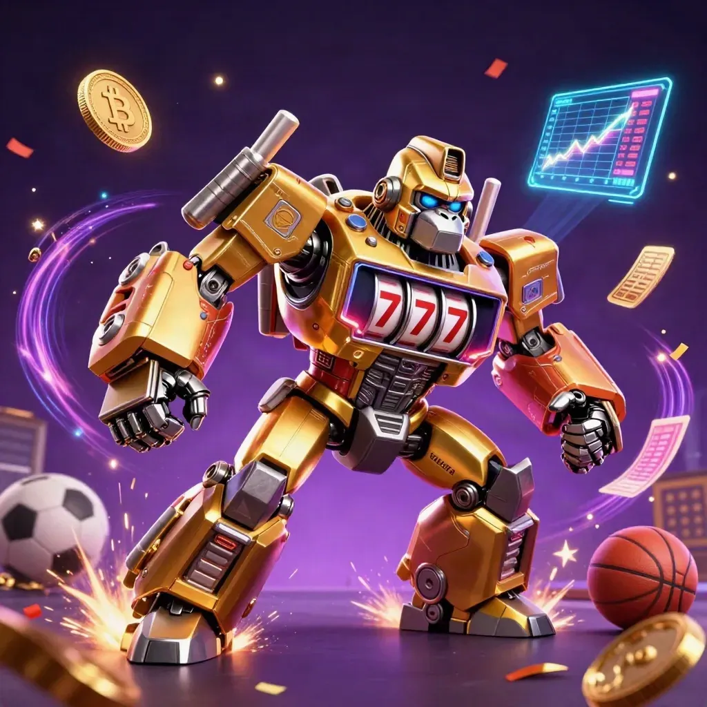 Golden gorilla mech and monkey pilot amid coins, lightning, and sports gear in dark casino glow