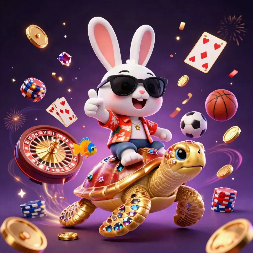 Lucky rabbit rides a gem turtle amid casino chips, coins, cards, and sports gear in neon fantasy light.