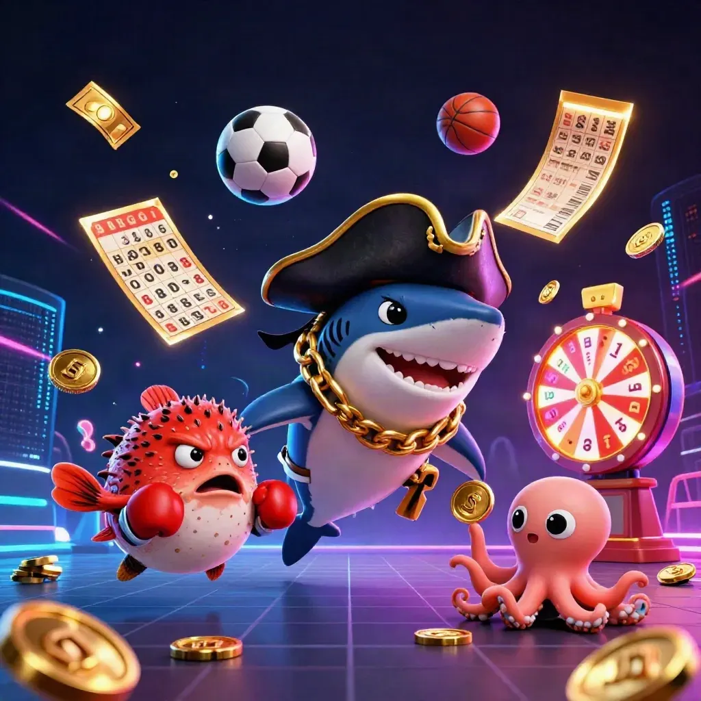 Shark pirate, boxing pufferfish, and juggling octopus amid casino icons in neon arena