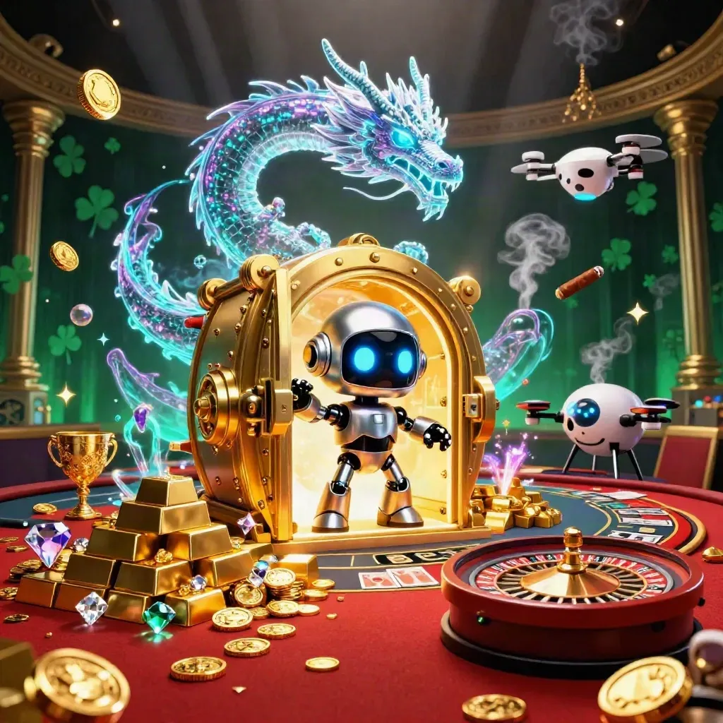Cyberpunk robot, holographic dragon, and coin drone burst from a golden vault in a neon casino.