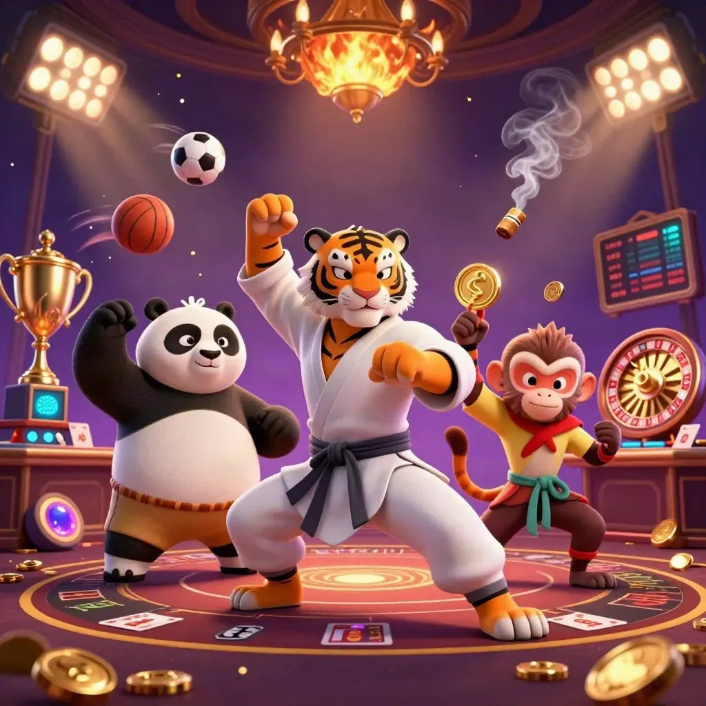 Tiger master, panda disciple, and monkey student amid casino lights, balls, coins, and a spin wheel