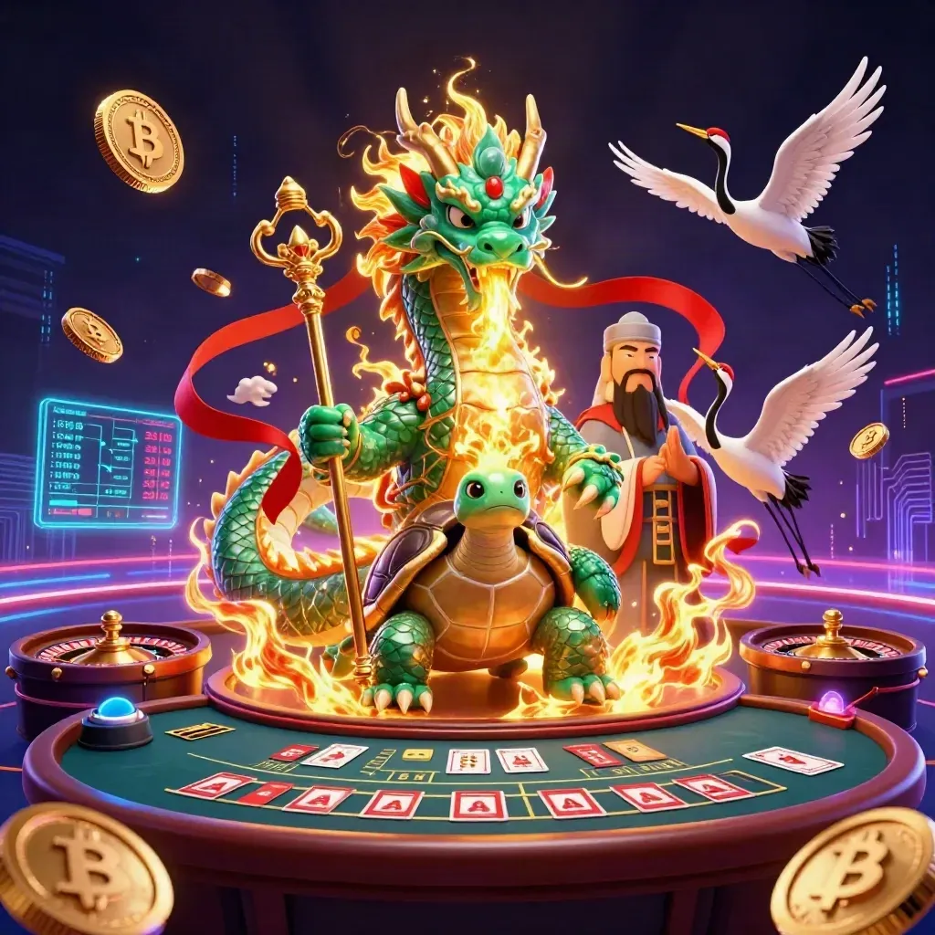 Emerald dragon, turtle sage, and cranes amid neon casino artifacts, gold fire, and dark arena glow.