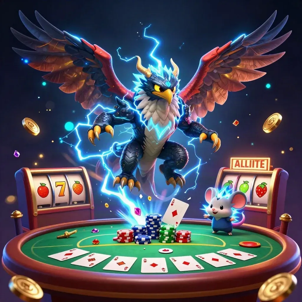 Thunder dragon, wind hawk, and electric mouse over a poker table with glowing chips and cards.