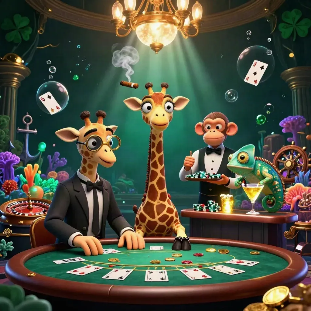 Giraffe, monkey, and chameleon in a luxe neon underwater casino scene with glowing treasure