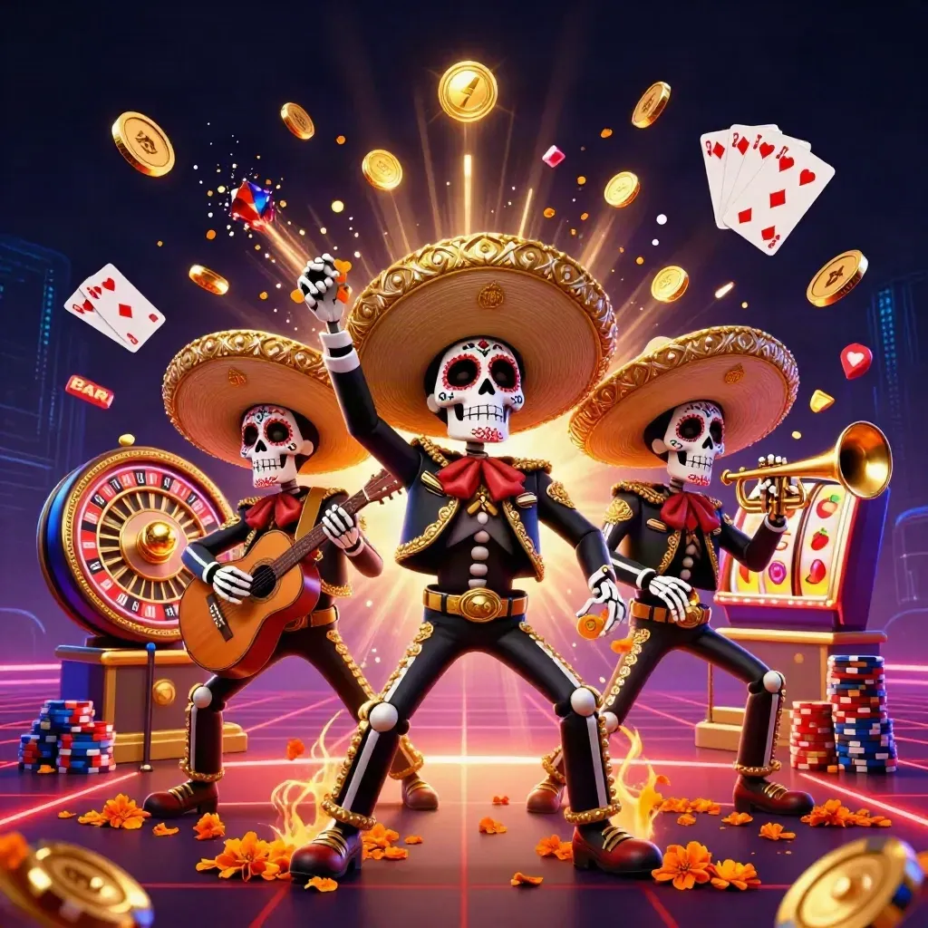 Day-of-the-Dead skeleton mariachi trio amid coins, gems, chips, roulette wheel, and crimson neon